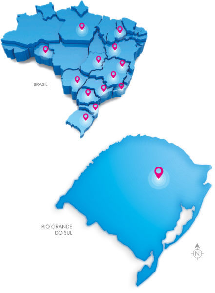 Mapa ilustrado dividido em duas partes: Brasil na parte de cima, contendo marcações em várias regiões e estado do Rio Grande do Sul na parte de baixo, contendo uma marcação na região do Vale do Taquari