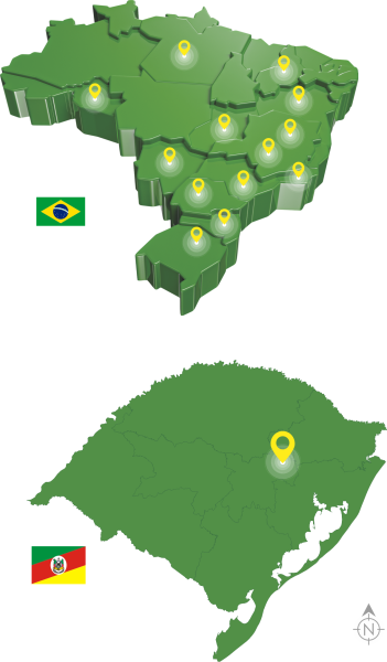 Mapa ilustrado dividido em duas partes: Brasil na parte de cima, contendo marcações em várias regiões e estado do Rio Grande do Sul na parte de baixo, contendo uma marcação na região do Vale do Taquari